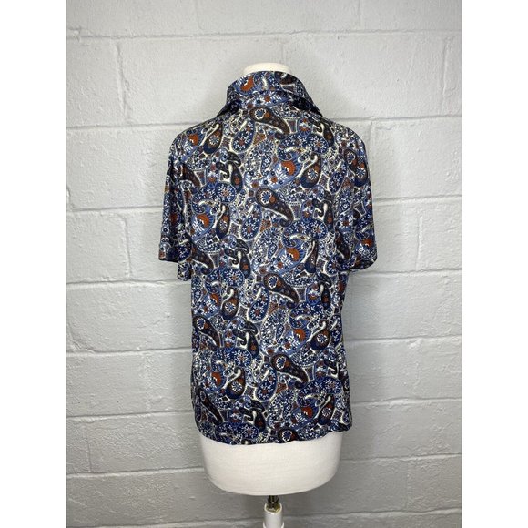 VTG 1970s Sears Disco Paisley Shirt Large 20 Women Polyester Perma Prest Blue - Picture 5 of 10